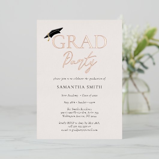 Graduierungspartei "Gold Foil Grad Cap Calligrafy" Folieneinladung (Stehend vorne)