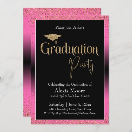 Graduierungspartei Hellrosa Ombre Confetti Einladung (Vorne/Hinten)