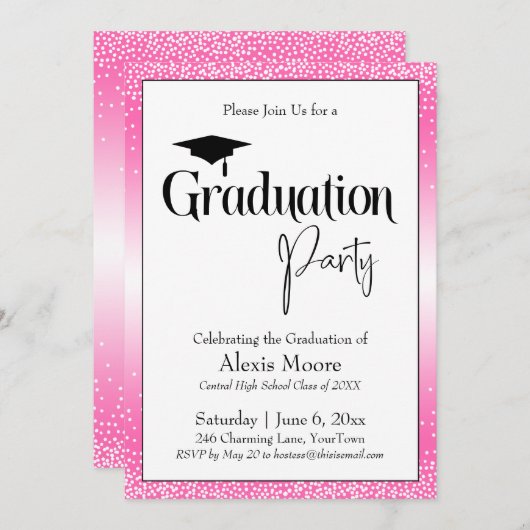 Graduierungspartei Hellrosa Ombre Confetti Einladung (Vorne/Hinten)