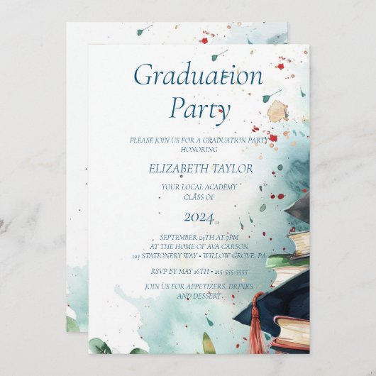 Graduierungspartei I Wasserfarbe 2 Einladung (Vorne/Hinten)