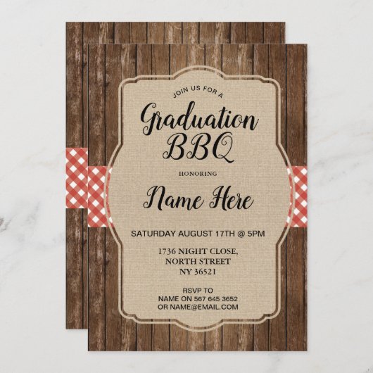 Graduierungspartei lädt Red Gingham GRILLEN Burlap Einladung (Vorne/Hinten)