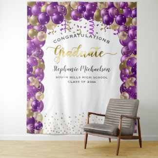 Graduierungspartei Lila Gold Balloons Streamers Wandteppich