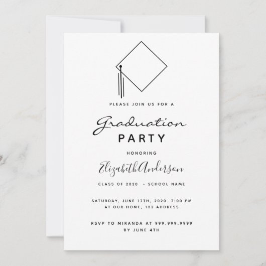 Graduierungspartei Moderner Schwarz-weißer Topper Einladung (Vorderseite)