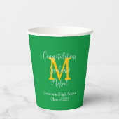Graduierungspartei Name Grün-Weiß-Gold-Monogramm Pappbecher (Rückseite)