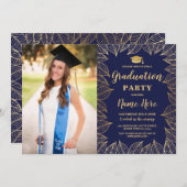 Graduierungspartei Navy Gold Leaf Herbst Herbst Fo Einladung (Vorne/Hinten)