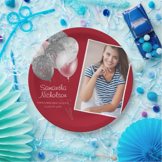 Graduierungspartei Red Silver Glitzer Balloons Fot Pappteller (Party)