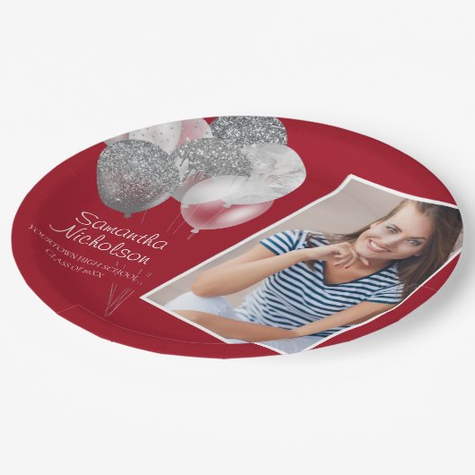 Graduierungspartei Red Silver Glitzer Balloons Fot Pappteller (Schrägansicht)