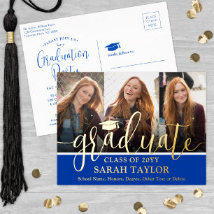 Graduierungspartei Royal Blue 3 Foto Moderne Schri Folie Einladungspostkarte