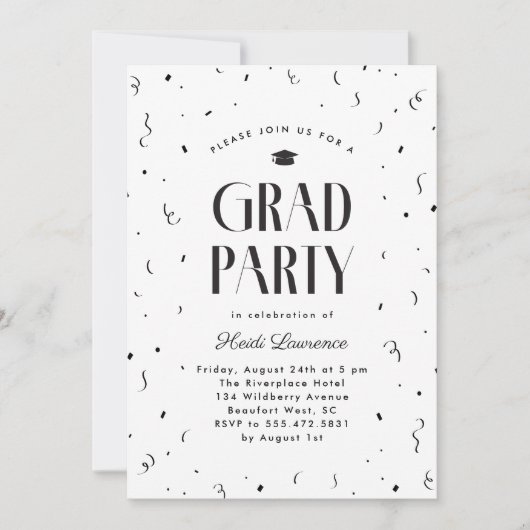 Graduierungspartei Schwarz + Weiß Moderne Typograf Einladung (Vorderseite)