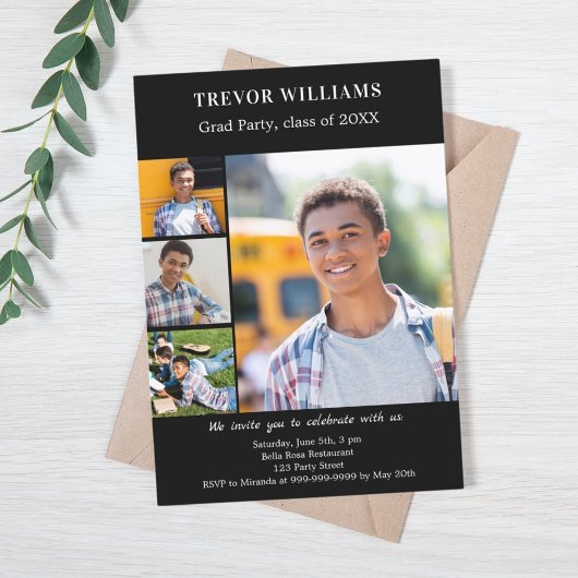 Graduierungspartei Schwarz-weißes Foto Collage Einladung