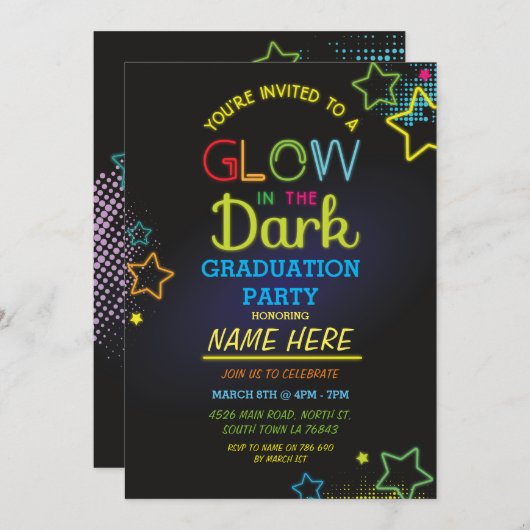 Graduierungspartei schwindet im dunklen Neonladen Einladung (Vorne/Hinten)