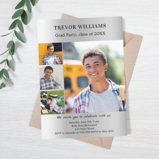 Graduierungspartei - Silber-Foto-Collage Einladung