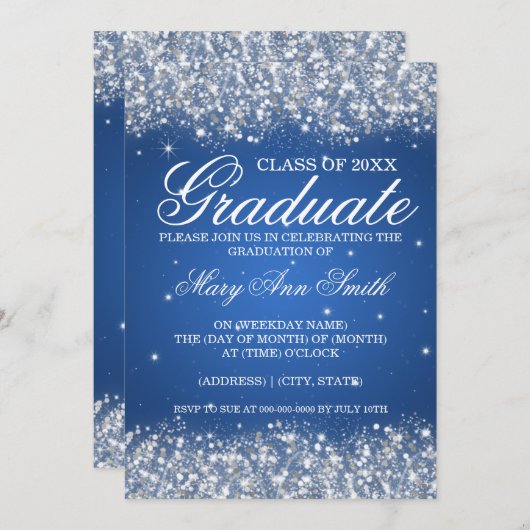 Graduierungspartei Sparkling Glitzer Blau Einladung (Vorne/Hinten)
