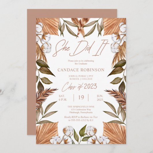 Graduierungspartei von Boho Floral Cotton Dried Gr Einladung (Vorne/Hinten)