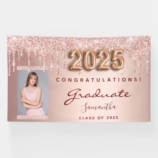 Graduierungsparty 2025 Foto Rose Gold Glitzer Trop Banner (Horizontal)