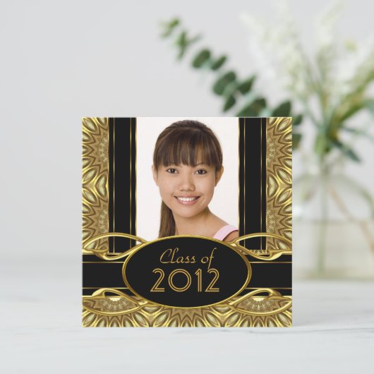 Graduierungsparty Abstrakt Black Gold Girl Einladung (Stehend Vorderseite)