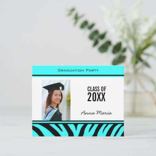 Graduierungsparty Aqua Zebra Einladung (Stehend Vorderseite)
