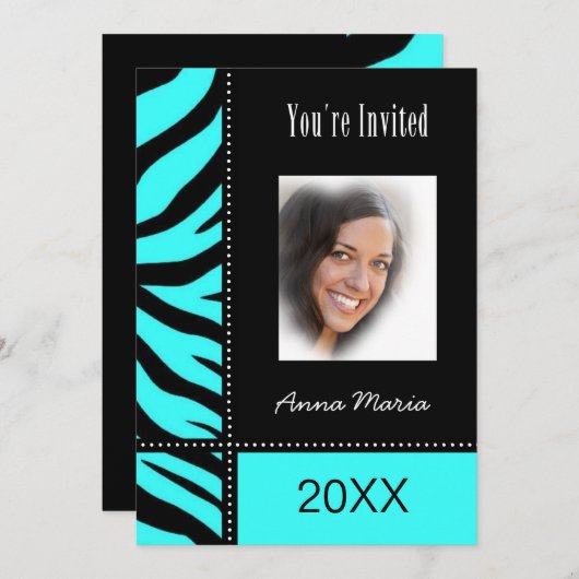 Graduierungsparty Aqua Zebra Einladung (Vorne/Hinten)