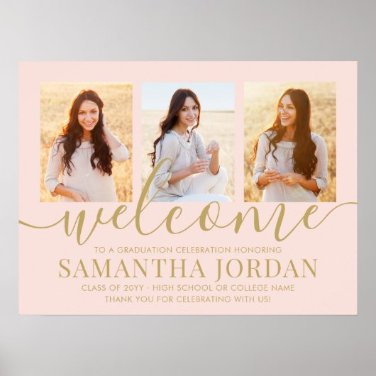 Graduierungsparty Begrüßung 3 Foto Rosa & Gold Poster (Vorne)