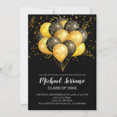 Graduierungsparty Black and Gold Balloons Confetti Einladung (Vorderseite)