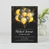 Graduierungsparty Black and Gold Balloons Confetti Einladung (Stehend Vorderseite)