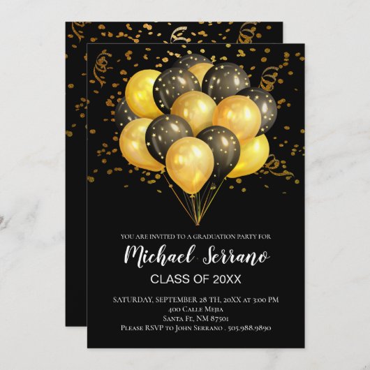 Graduierungsparty Black and Gold Balloons Confetti Einladung (Vorne/Hinten)