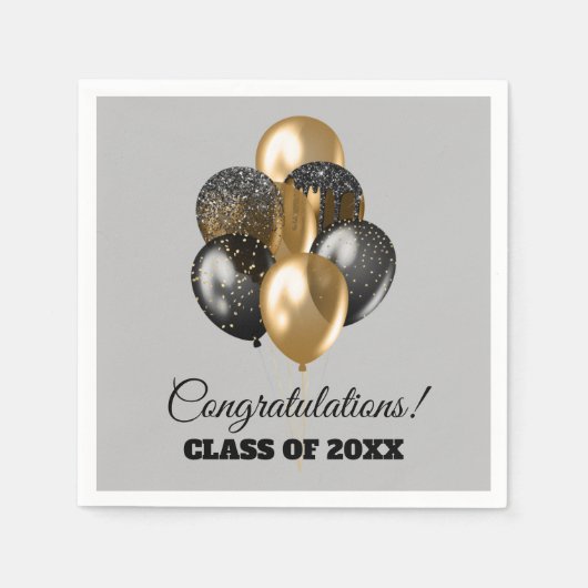 Graduierungsparty Black and Gold Balloons Gray Serviette (Vorderseite)