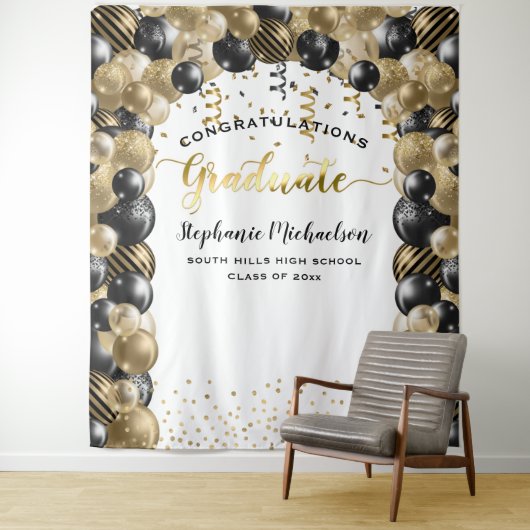 Graduierungsparty Black Gold Balloons Streamers Wandteppich (Beispiel)