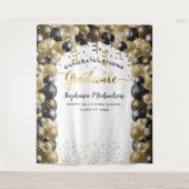 Graduierungsparty Black Gold Balloons Streamers Wandteppich (Vorderseite)