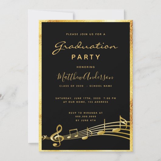 Graduierungsparty Black Music Gold Einladung (Vorderseite)