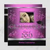 Graduierungsparty Black Pink Girl Foto Einladung (Vorne/Hinten)