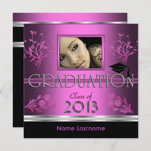 Graduierungsparty Black Pink Girl Foto Einladung (Vorne/Hinten)