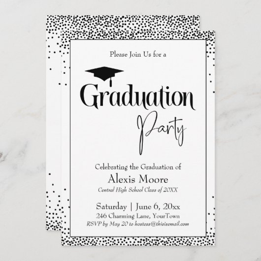 Graduierungsparty Black & White Confetti Einladung (Vorne/Hinten)