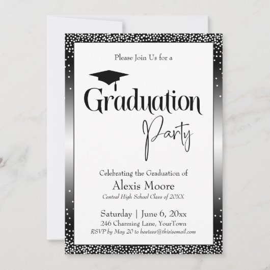 Graduierungsparty Black & White Ombre Confetti Einladung (Vorderseite)