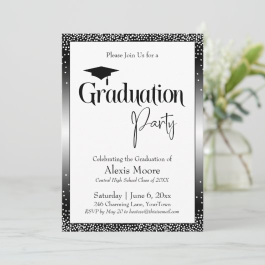 Graduierungsparty Black & White Ombre Confetti Einladung (Stehend Vorderseite)