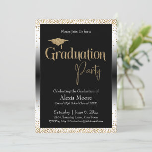 Graduierungsparty Black & White Ombre Gold Confett Einladung
