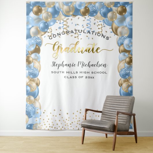 Graduierungsparty Blue Gold Balloons Streamers Wandteppich (Beispiel)