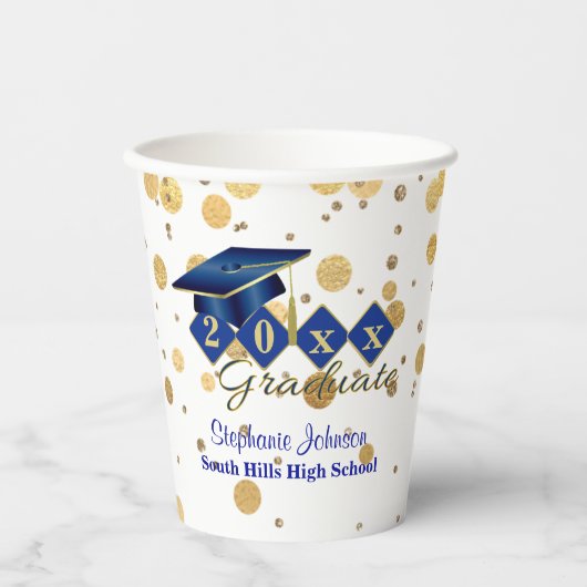 Graduierungsparty Blue Gold Confetti Personalisier Pappbecher (Vorderseite)