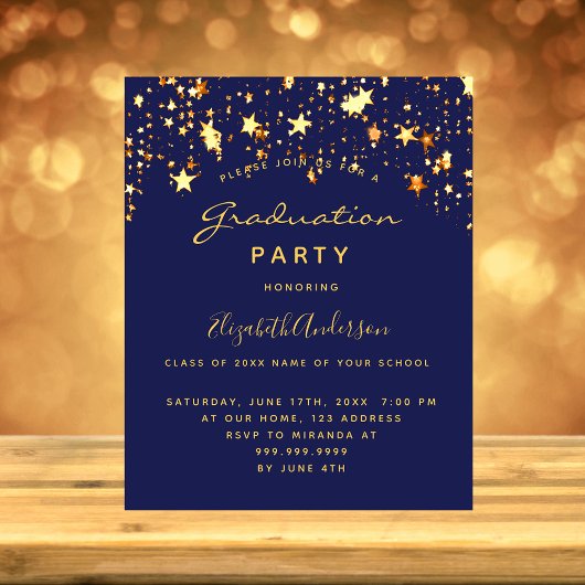 Graduierungsparty Blue Gold Stars Einladung Flyer