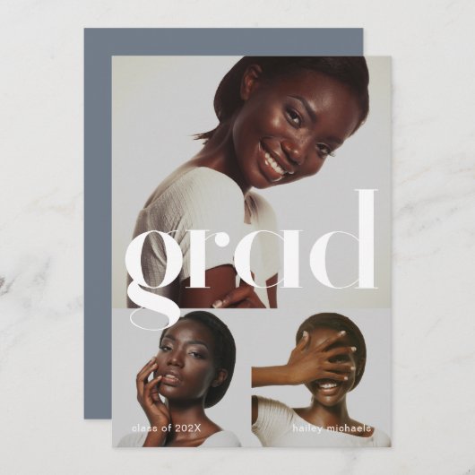 Graduierungsparty Blue Gray Drei FotoCollage Einladung (Vorne/Hinten)