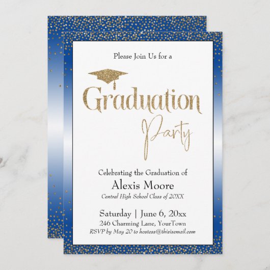 Graduierungsparty Blue Ombre Gold Confetti Einladung (Vorne/Hinten)