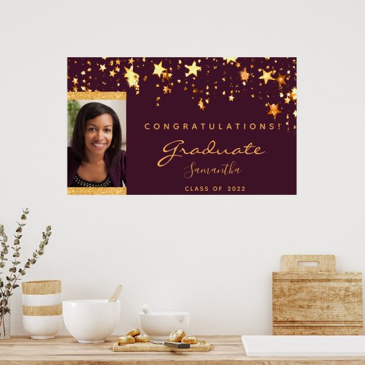 Graduierungsparty bordeauxfarbene Goldstars Foto Poster (Küche)