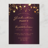 Graduierungsparty bordeauxrote goldene Sterne glam Postkarte (Vorderseite)