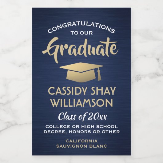 Graduierungsparty Brushed Navy Blue Gold White Min Weinetikett (Einzelnes Label)