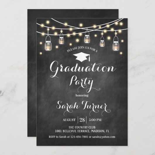 Graduierungsparty - Chalkboard Schwarz-weiß Einladung (Vorne/Hinten)