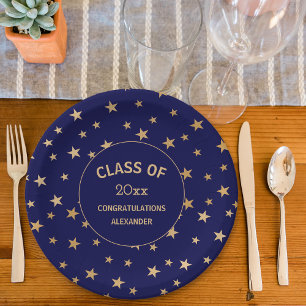 Graduierungsparty der Navy und Gold Stars Pappteller