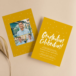 Graduierungsparty drei Foto Goldgelbe Konfetti Einladung
