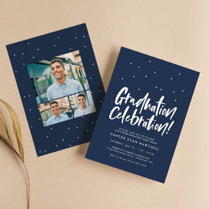 Graduierungsparty drei Foto Spaß Marine Konfetti Einladung