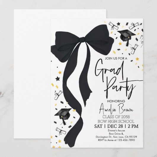 Graduierungsparty Einladung Coquette Black Bow Gra (Vorne/Hinten)