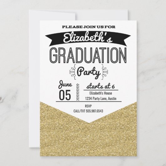 Graduierungsparty Einladung Gold Glitzer und Black (Vorderseite)